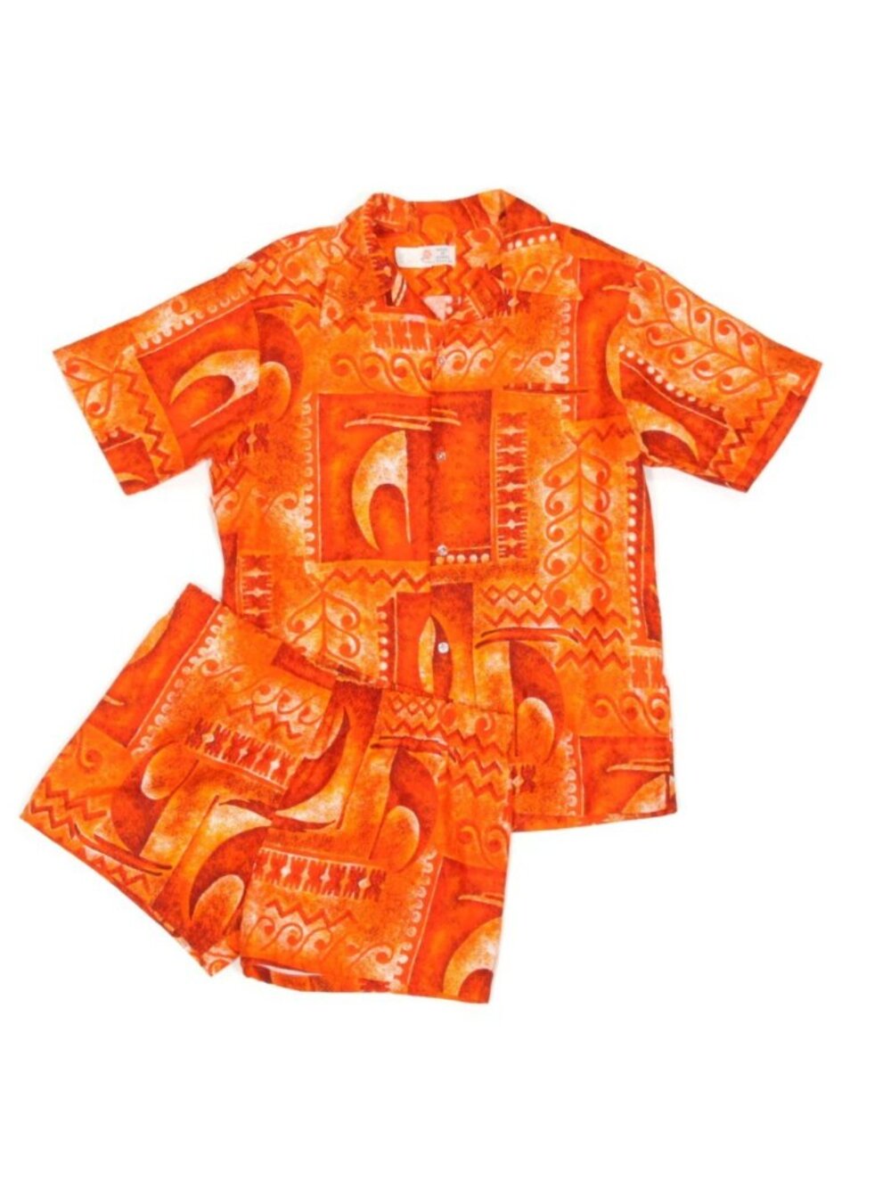 KAWIKA OF HAWAII Vtg 60s Orange Tiki Shirt Swim Shorts Set Mens Shirt  XL /063